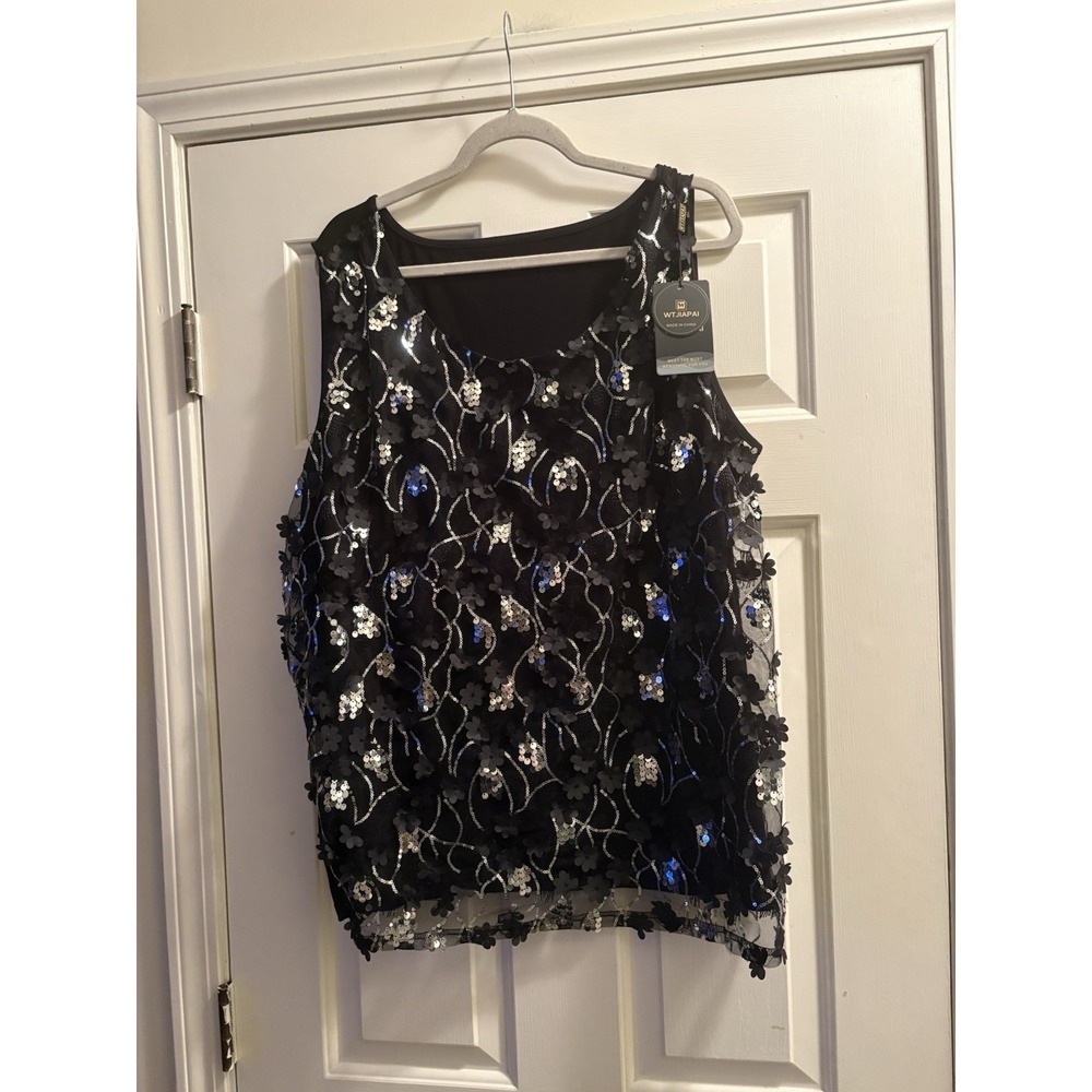 NWT WTJIAPAI Black Tank Floral Sequin Overlay Plus Size 28W New PTP 28"